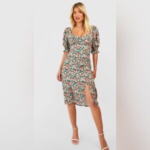 Boohoo Floral Puff Sleeve Slit Front Midi Dress NWT Women’s US 4 Bohemian